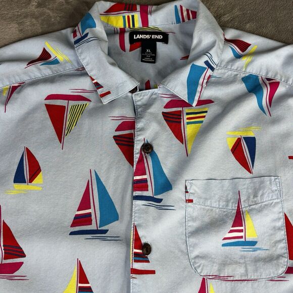 Lands End Shirt Mens XL 46-48 Sail Boats Nautical Blue‎ Button Up Short Sleeve - Picture 4 of 12